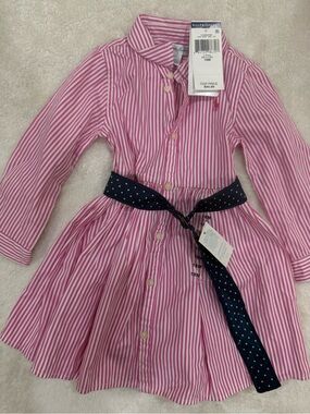 Ralph Lauren Pink and White Striped Shirt Dress with Navy Polka Dot Belt - Kids
